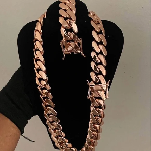 Set Chain & Bracelet 20mm Miami Cuban Link Pink Red Rose Gold Plated Chain